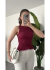 Kadın Bordo Gipeli Kolsuz Bluz Bisiklet Yaka Esnek Fit Yazlık Crop Bluz