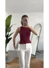 Kadın Bordo Gipeli Kolsuz Bluz Bisiklet Yaka Esnek Fit Yazlık Crop Bluz