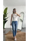 Kadın Beyaz Gipeli Kolsuz Bluz Bisiklet Yaka Esnek Fit Yazlık Crop Bluz