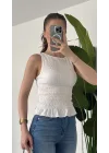 Kadın Beyaz Gipeli Kolsuz Bluz Bisiklet Yaka Esnek Fit Yazlık Crop Bluz