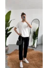 Kadn Beyaz Bisiklet Yaka Kısa Kollu Full Likralı Esnek Bluz Body