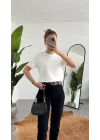 Kadn Beyaz Bisiklet Yaka Kısa Kollu Full Likralı Esnek Bluz Body