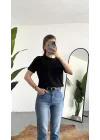 Kadn Siyah Bisiklet Yaka Kısa Kollu Full Likralı Esnek Bluz Body