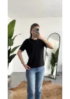 Kadn Siyah Bisiklet Yaka Kısa Kollu Full Likralı Esnek Bluz Body
