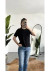 Kadn Siyah Bisiklet Yaka Kısa Kollu Full Likralı Esnek Bluz Body