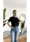 Kadn Siyah Bisiklet Yaka Kısa Kollu Full Likralı Esnek Bluz Body