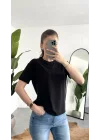 Kadn Siyah Bisiklet Yaka Kısa Kollu Full Likralı Esnek Bluz Body