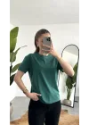 Kadn Koyu Yeşil Bisiklet Yaka Kısa Kollu Full Likralı Esnek Bluz Body