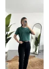 Kadn Koyu Yeşil Bisiklet Yaka Kısa Kollu Full Likralı Esnek Bluz Body