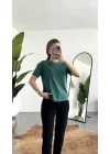 Kadn Koyu Yeşil Bisiklet Yaka Kısa Kollu Full Likralı Esnek Bluz Body