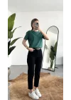 Kadn Koyu Yeşil Bisiklet Yaka Kısa Kollu Full Likralı Esnek Bluz Body