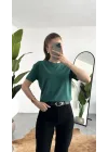 Kadn Koyu Yeşil Bisiklet Yaka Kısa Kollu Full Likralı Esnek Bluz Body