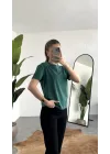 Kadn Koyu Yeşil Bisiklet Yaka Kısa Kollu Full Likralı Esnek Bluz Body