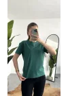 Kadn Koyu Yeşil Bisiklet Yaka Kısa Kollu Full Likralı Esnek Bluz Body