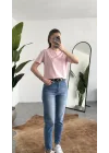 Kadn Açık Pembe Bisiklet Yaka Kısa Kollu Full Likralı Esnek Bluz Body