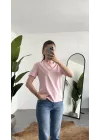 Kadn Açık Pembe Bisiklet Yaka Kısa Kollu Full Likralı Esnek Bluz Body