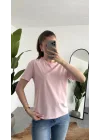 Kadn Açık Pembe Bisiklet Yaka Kısa Kollu Full Likralı Esnek Bluz Body