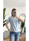 Kadn Bebe Mavisi Bisiklet Yaka Kısa Kollu Full Likralı Esnek Bluz Body