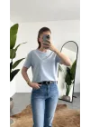 Kadn Bebe Mavisi Bisiklet Yaka Kısa Kollu Full Likralı Esnek Bluz Body