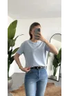 Kadn Bebe Mavisi Bisiklet Yaka Kısa Kollu Full Likralı Esnek Bluz Body