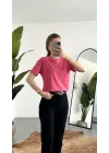 Kadn Pembe Bisiket Yaka Kısa Kollu Full Likralı Esnek Bluz Body
