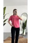 Kadn Pembe Bisiket Yaka Kısa Kollu Full Likralı Esnek Bluz Body