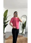 Kadn Pembe Bisiket Yaka Kısa Kollu Full Likralı Esnek Bluz Body