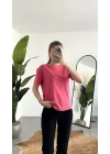 Kadn Pembe Bisiket Yaka Kısa Kollu Full Likralı Esnek Bluz Body