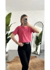 Kadn Pembe Bisiket Yaka Kısa Kollu Full Likralı Esnek Bluz Body