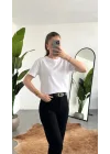 Kadn Beyaz Bisiklet Yaka Kısa Kollu Full Likralı Esnek Bluz Body