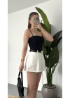 Kadın Beyaz Yüksek Bel Cepli Pileli Şort , Şık Ofis & Günlük Mini Şort