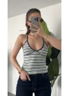 Kadın Mavi Sarı Çizgili Boyundan Bağlamalı Askılı Atlet Bluz Body