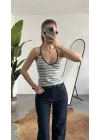 Kadın Mavi Sarı Çizgili Boyundan Bağlamalı Askılı Atlet Bluz Body