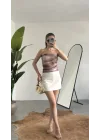 Kadın Ebru Desenli Astarlı Tül Korse Bluz - Straplez Body