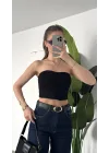 Kadın Siyah Dikişli Straplez Crop Bluz - Korse Model Bustier