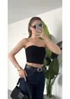 Kadın Siyah Dikişli Straplez Crop Bluz - Korse Model Bustier