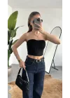 Kadın Siyah Dikişli Straplez Crop Bluz - Korse Model Bustier