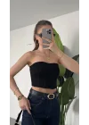 Kadın Siyah Dikişli Straplez Crop Bluz - Korse Model Bustier