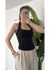 Kadın Siyah Boyundan Bağlamalı Korse Bluz - Kare Halter Yaka Top