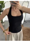 Kadın Siyah Boyundan Bağlamalı Korse Bluz - Kare Halter Yaka Top