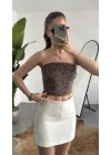 Kadın Leopar Desenli Straplez Bluz Büzgülü Crop Top