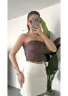 Kadın Leopar Desenli Straplez Bluz Büzgülü Crop Top