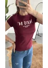 Kadın Bordo Paris 94 Baskılı Y2K Tarzı Crop Tişört - Pamuklu Örme Bluz