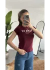 Kadın Bordo Paris 94 Baskılı Y2K Tarzı Crop Tişört - Pamuklu Örme Bluz
