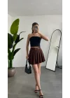 Kahverengi Astarlı Şortlu Kemerli Pileli Mini Etek