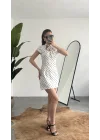 Kadın Beyaz Puantiyeli Fular Yaka Mini Elbise
