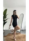 Kadın Siyah Puantiyeli Fular Yaka Mini Elbise
