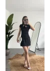 Kadın Siyah Puantiyeli Fular Yaka Mini Elbise