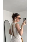 Kadın Beyaz Rengi Sırt Dekolteli Yırtmaçlı Örgü Plaj Elbisesi Pareo Yazlık Beachwear