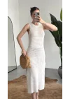 Kadın Beyaz Rengi Sırt Dekolteli Yırtmaçlı Örgü Plaj Elbisesi Pareo Yazlık Beachwear